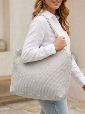 Faux Leather Ribbed Satchel Bag with Strap 